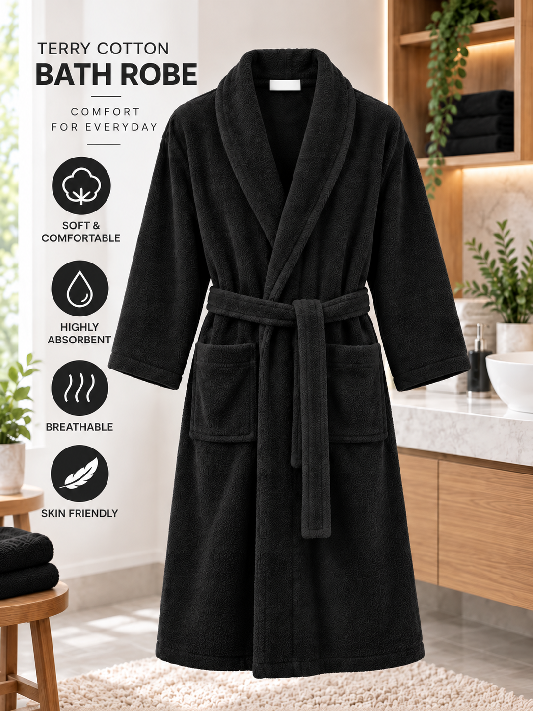 Cotton Terry Towelling Bathrobe for Men & Women – Unisex Dressing Gown, L/XL