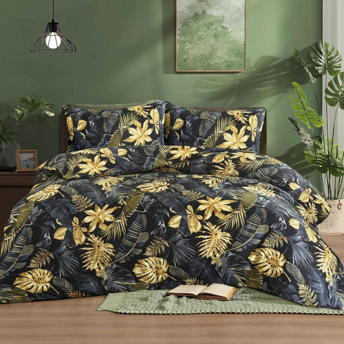 Aurelia Black & Gold Tropical Leaf Duvet Cover Set – UK Sizes