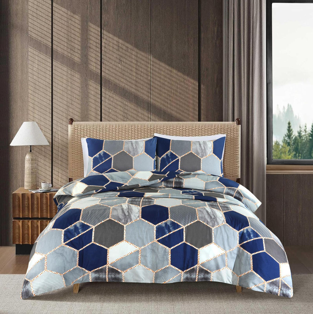 Starlight Navy & Grey Hexagon Duvet Cover Set – UK Sizes
