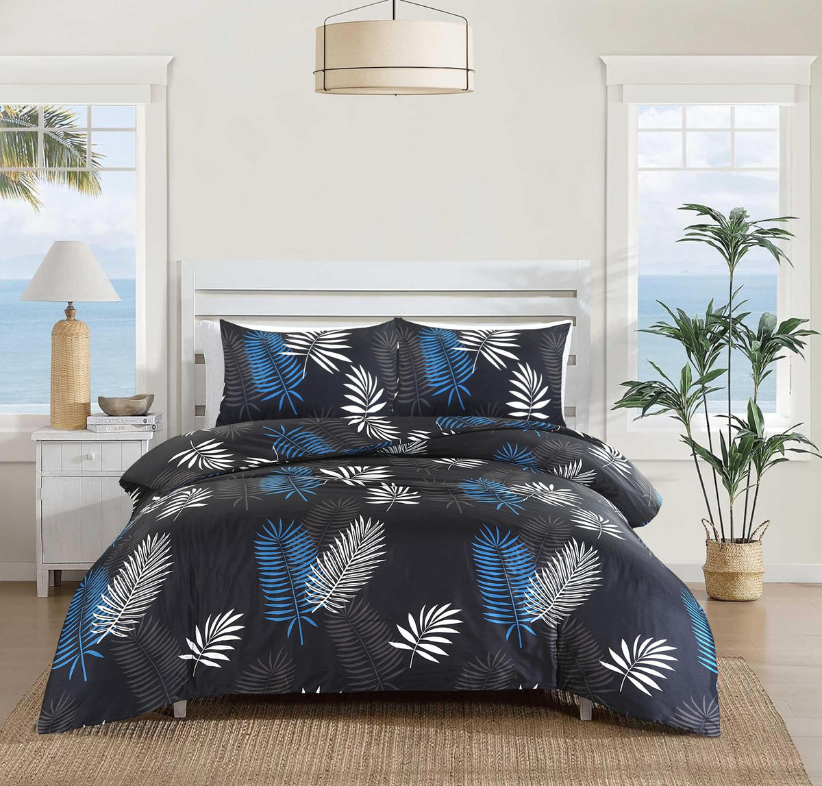 Mystic Black Blue & White Palm Leaf Duvet Cover Set – UK Sizes