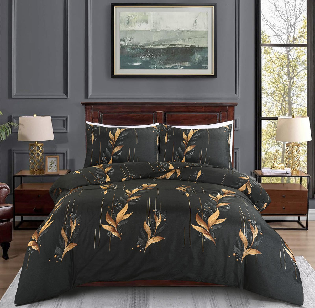 Ember Black & Gold Botanical Duvet Cover Set – UK Sizes