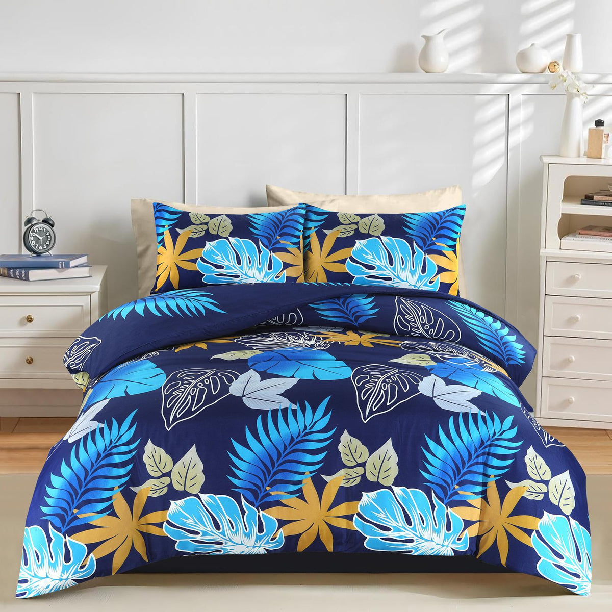 Indigo Navy Tropical Leaf Duvet Cover Set – UK Sizes