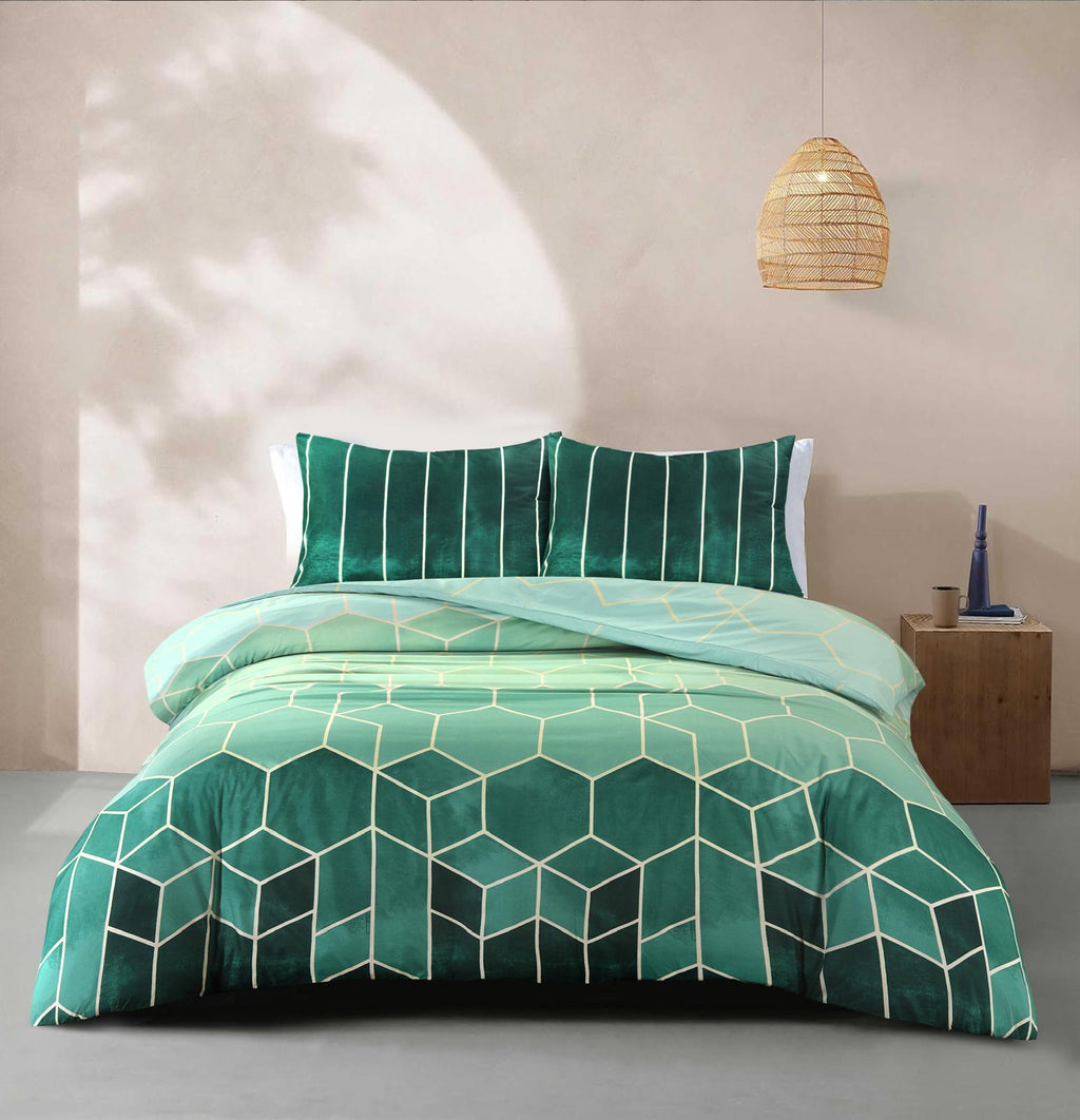 Vance Emerald Green Geometric Duvet Cover Set – UK Sizes