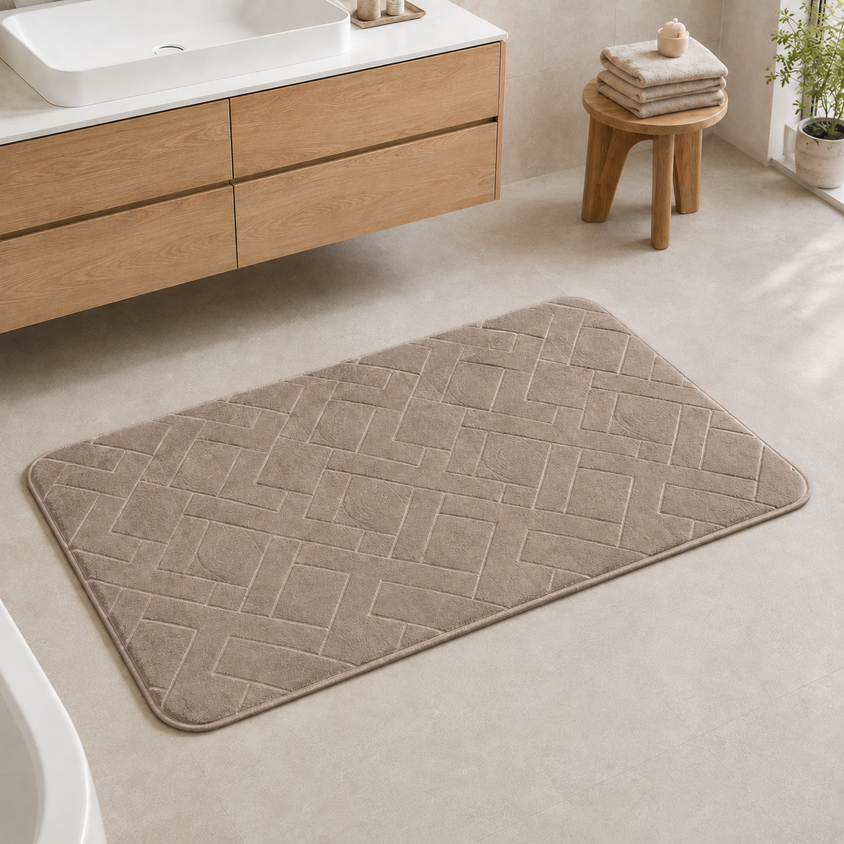 Block Design Memory Foam Bath Mat & U-Shape Toilet Mat – 3 Sizes