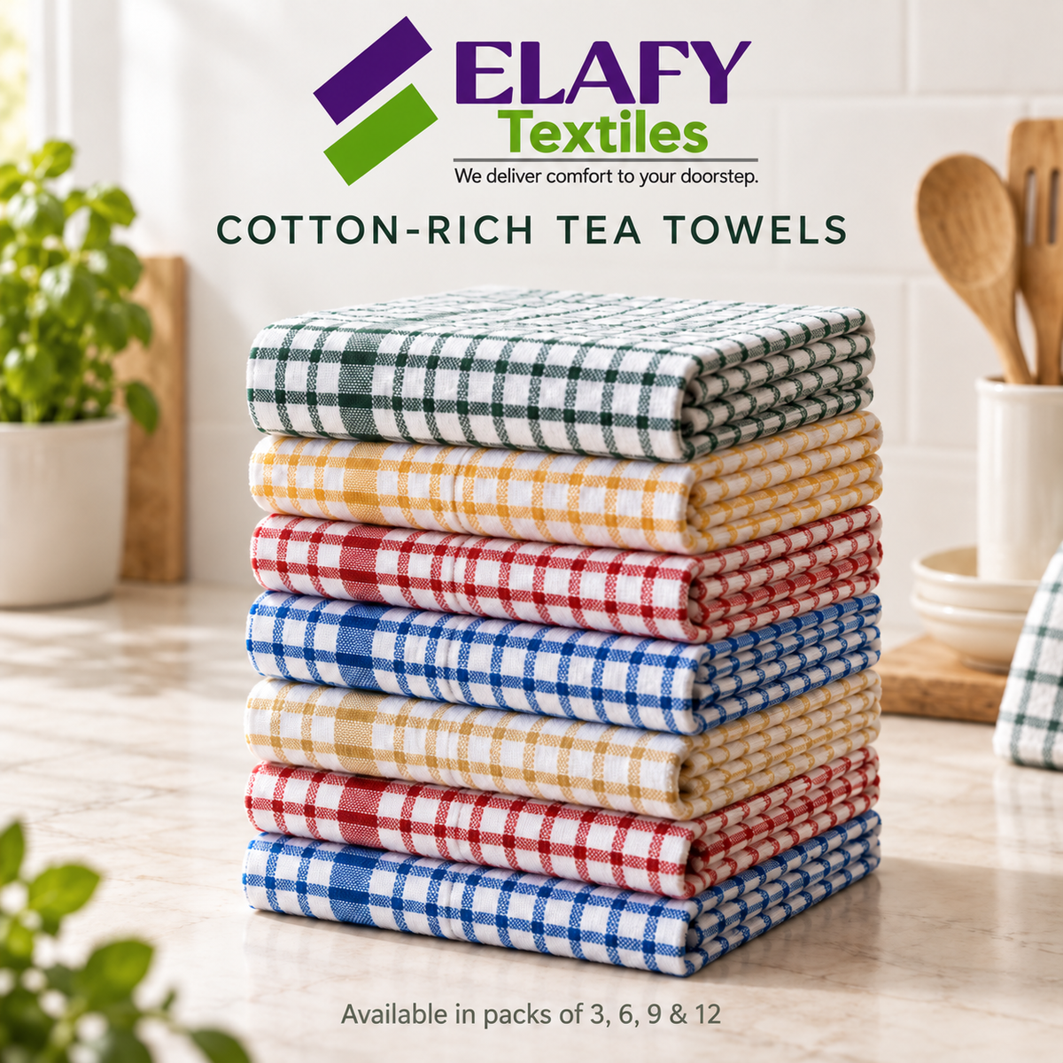 ELAFY Cotton-Rich Check Tea Towels – Multi-Colour Packs of 3, 6, 9 & 12